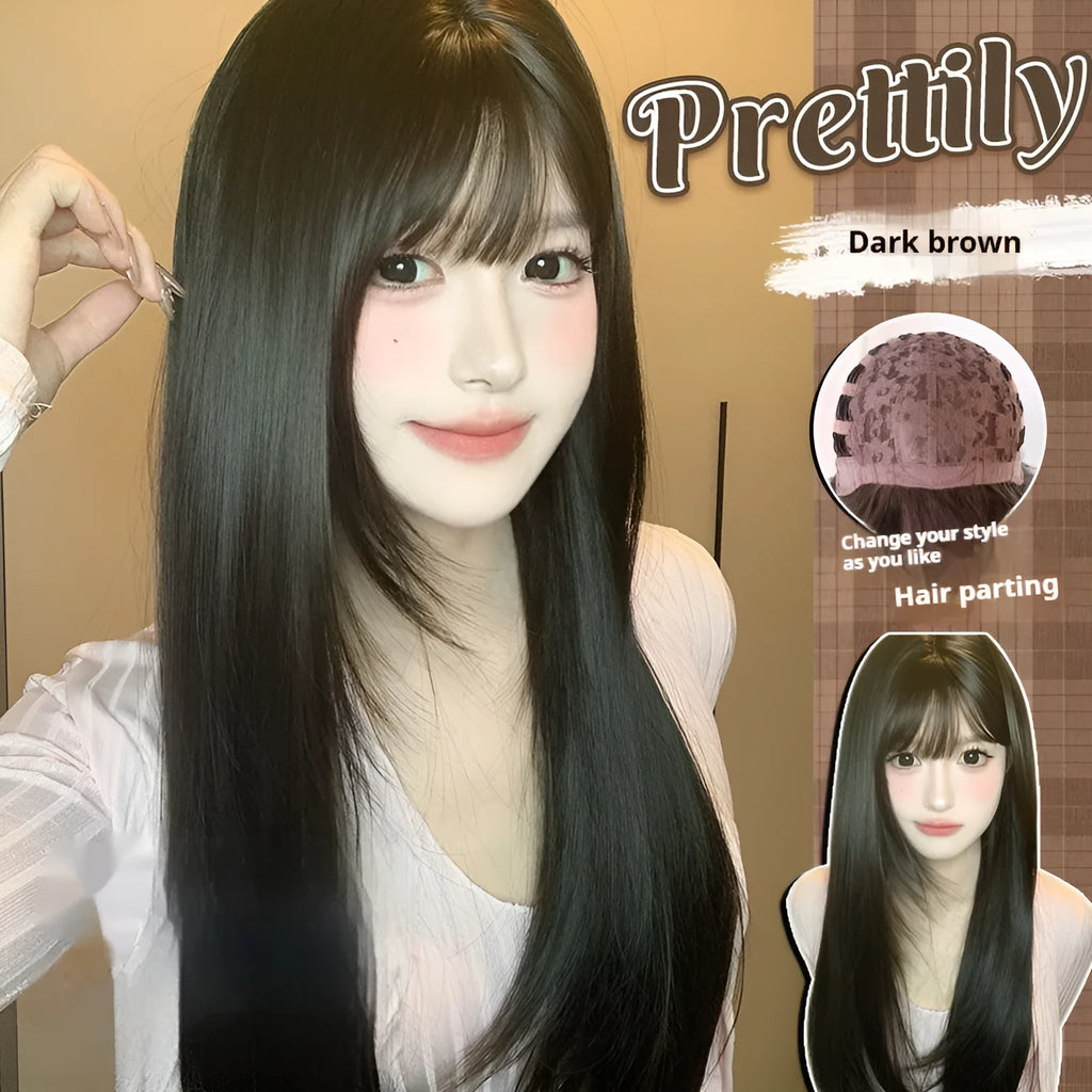 Dark brown long straight synthetic wig with fringe for round face shapes on wig head
