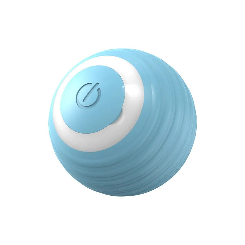 Blue automatic moving cat toy ball with USB charging cable on wooden floor