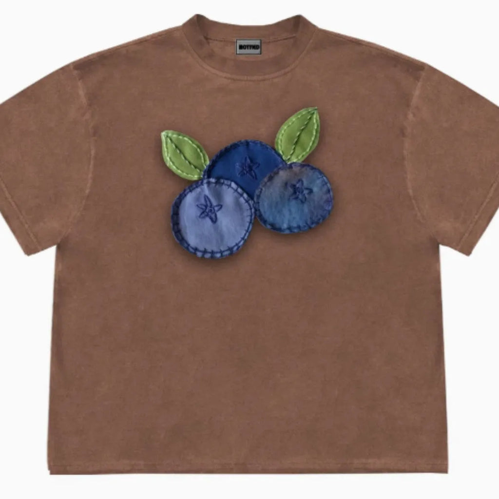 Blueberry patchwork short sleeve t-shirt in loose fit with plant patterns on Ice Oxygen Cotton fabric