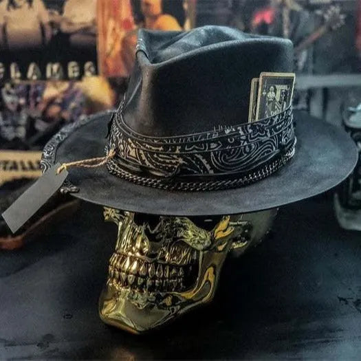 Handmade conical crown skull print hat in wool and denim fabric