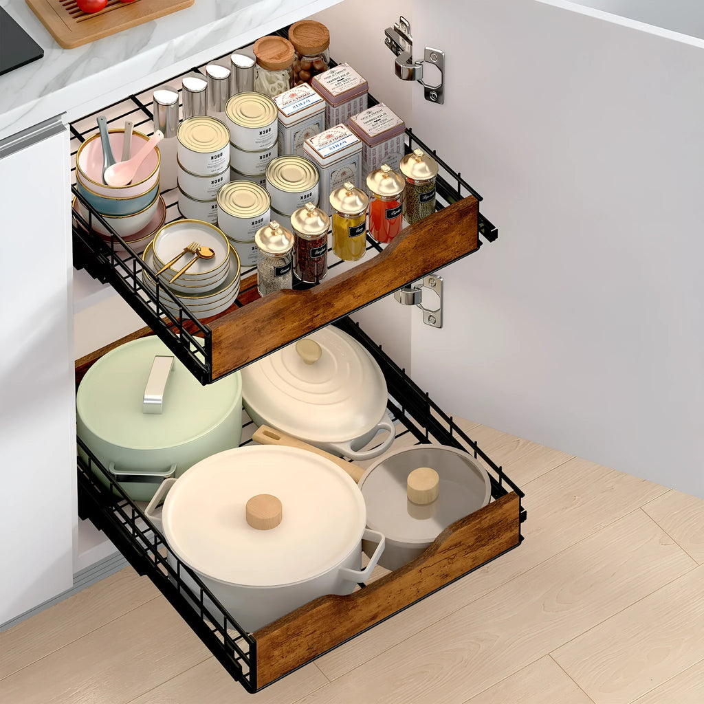 Black modern storage rack with pull basket design made from wood and iron.