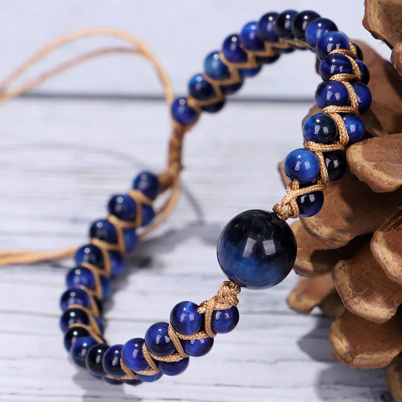 Handwoven geometric pull bracelet in blue Tigereye or Amethyst colours