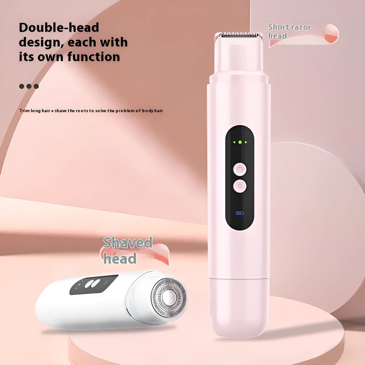 White and pink portable electric body hair trimmer with USB cable on a plain background.