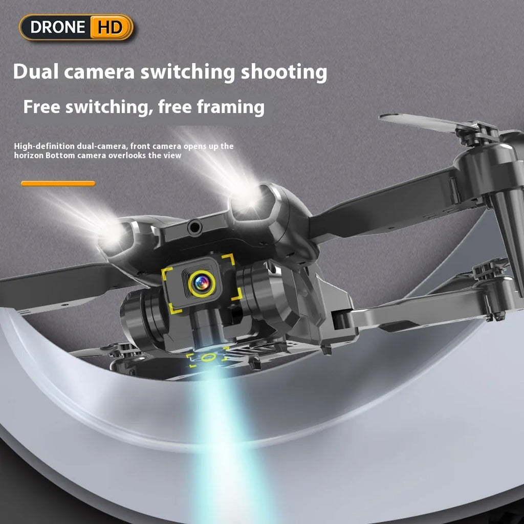 S138 black folding drone with propellers extended, shown next to its storage bag, highlighting its compact design and camera module.
