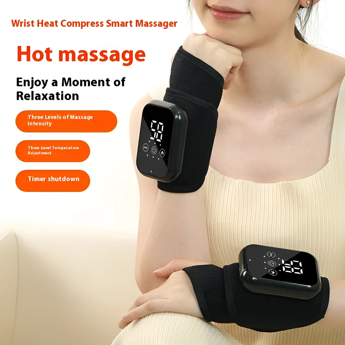 Black electric heating ankle sleeve wrapped around ankle showing heating element placement.