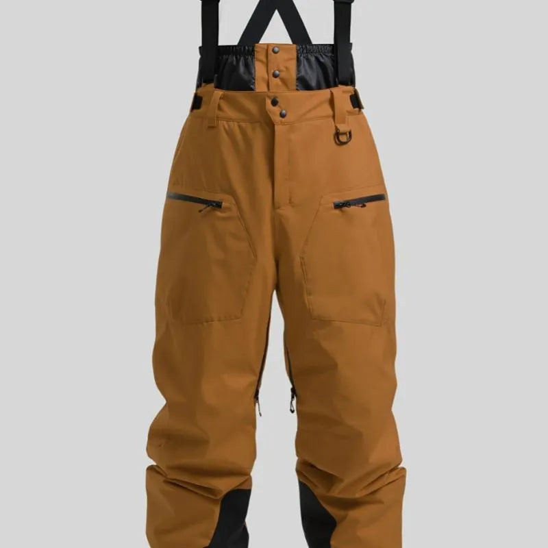 Men's black waterproof ski pants with a thickened waist strap, made from flame retardant linen fabric.