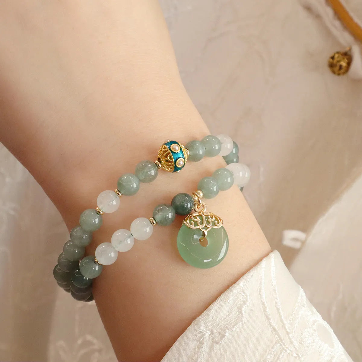 New Chinese style women's bracelet with Safety Buckle pendant and geometry Myanmar jade beads