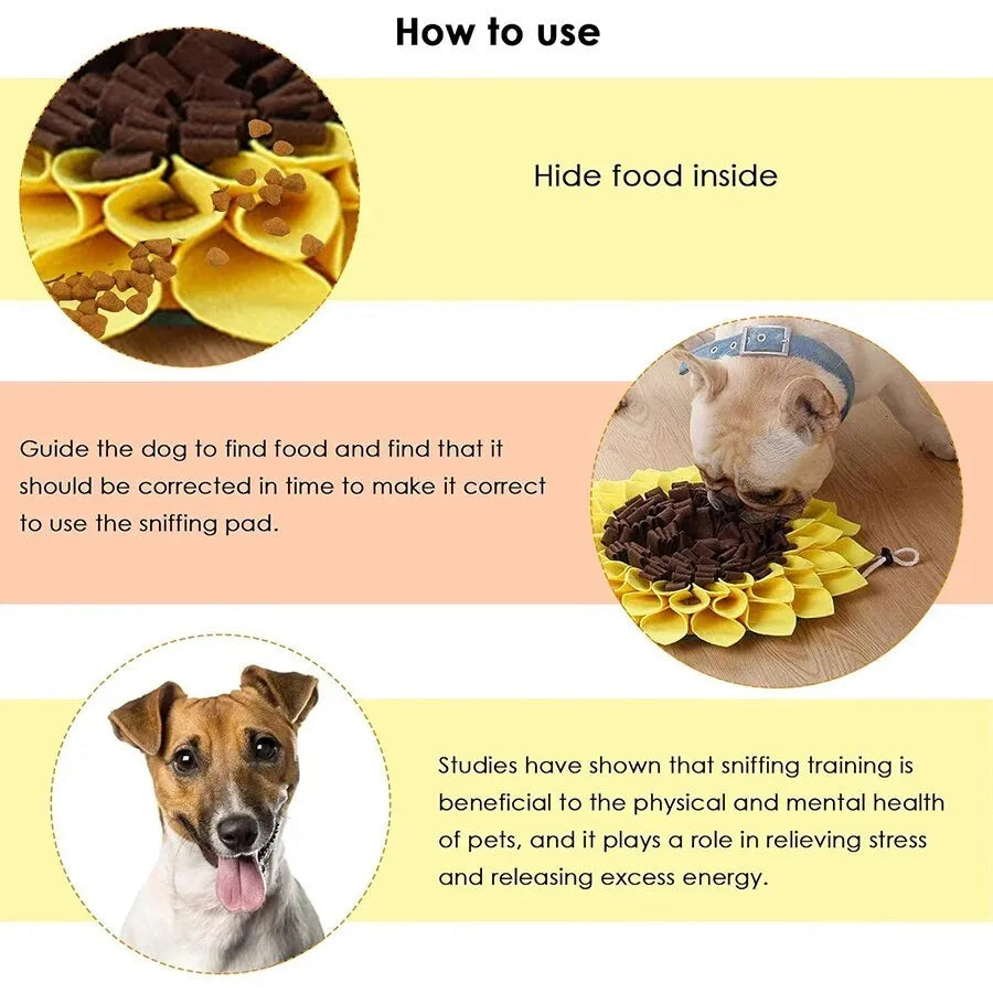 Yellow sunflower-shaped dog snuffle mat with fleece petals for treat hiding and slow feeding