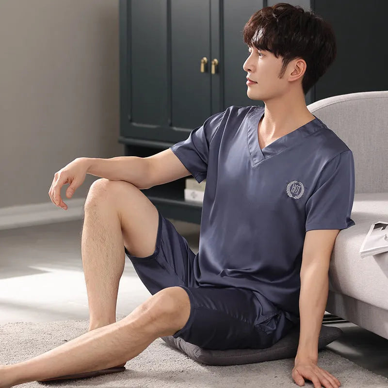 Men's ice silk pajama set with short sleeve shirt and loose shorts in multiple colour options