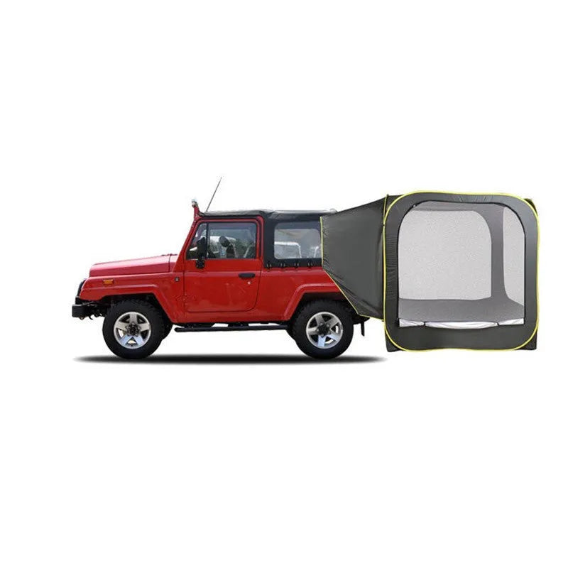 Black pop-up car tail tent with quick-throw setup, shown unfolded to its 200x200x200cm size.