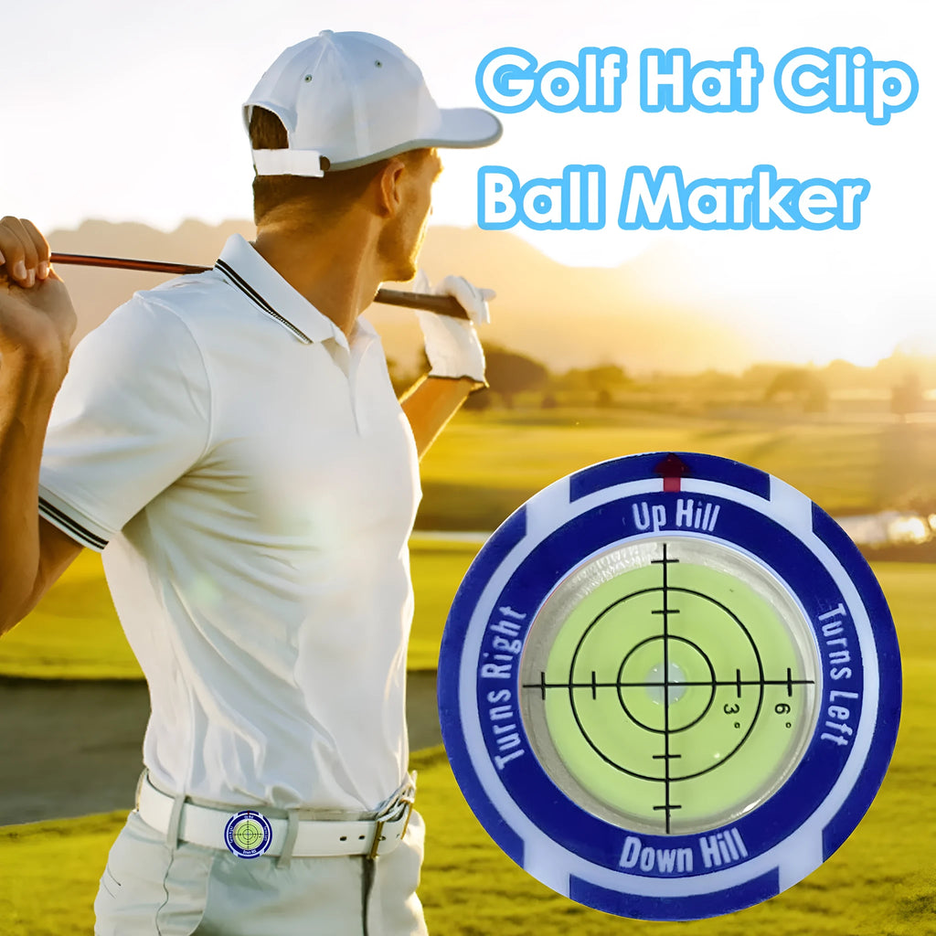 Golf Level Hat Clip attached to golf hat brim showing green distance measurement display