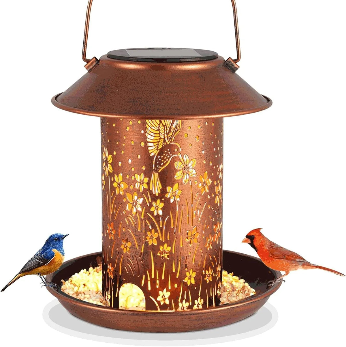 Solar-powered hummingbird patterned iron art feeder with integrated garden light