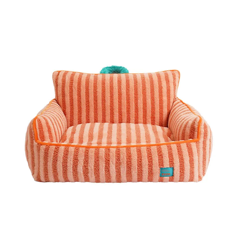 Striped pet bed with soft velvet removable cover in orange, purple or yellow colours for dogs and cats