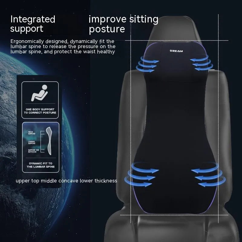 Black automotive memory foam seat cushion with integrated lumbar support headrest pillow.