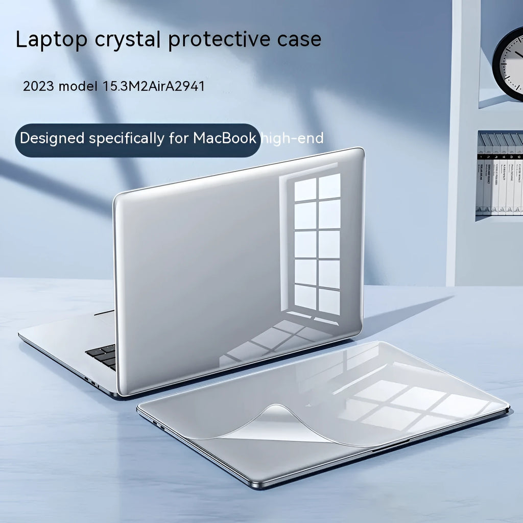 MacBook protective case in crystal transparent and frosted black shell options on a laptop.