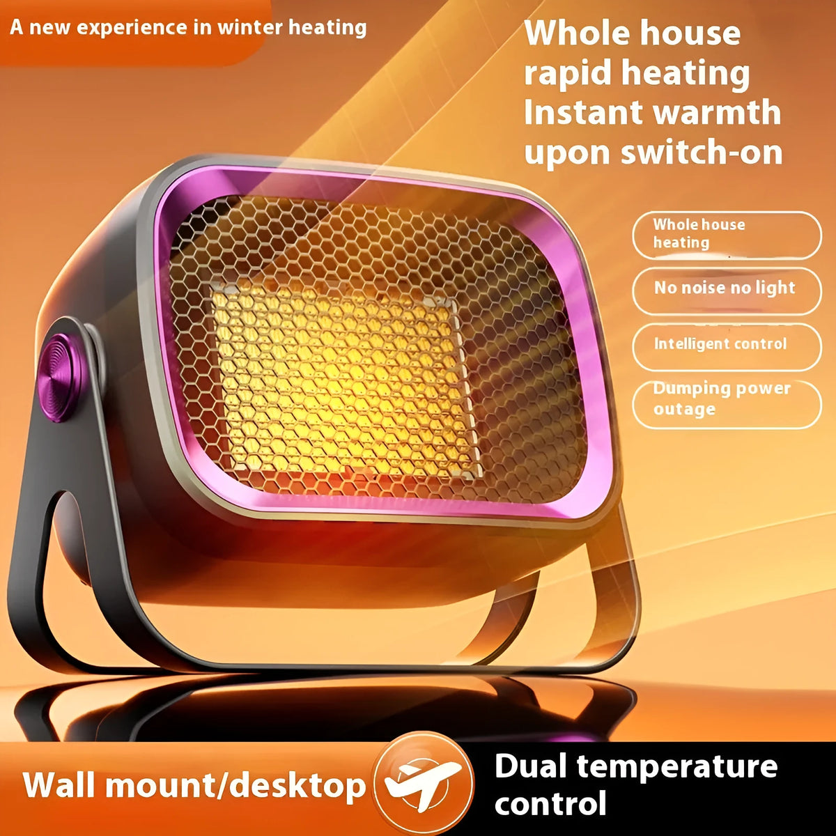 White PTC ceramic desktop electric heater with rotatable base and push-button controls
