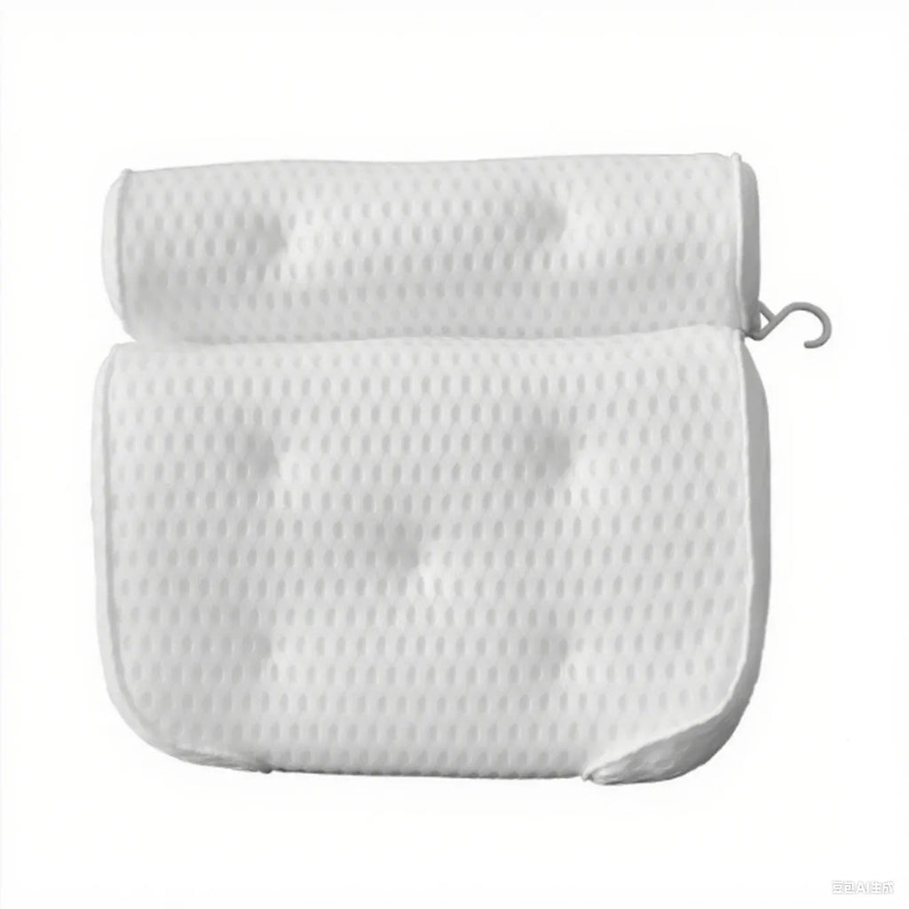 White 3D mesh bathtub pillow with seven suction cups for non-slip placement