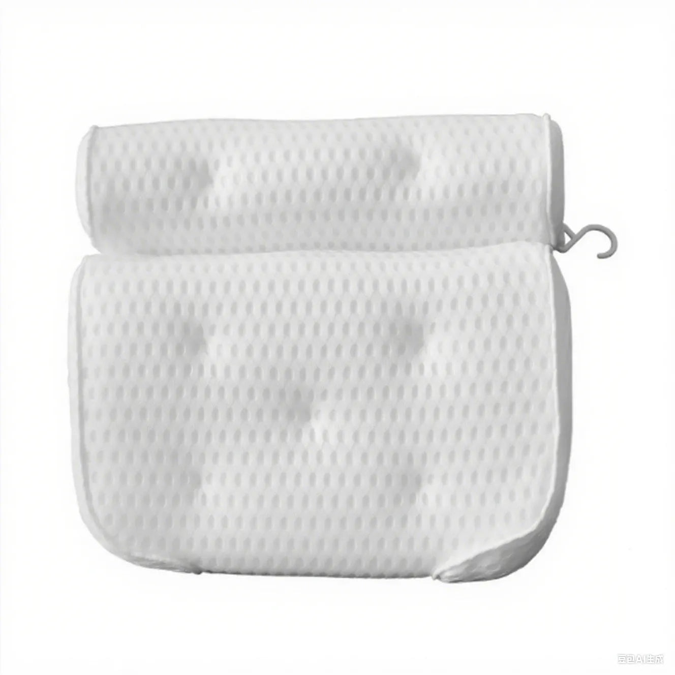 White 3D mesh bathtub pillow with seven suction cups for non-slip placement