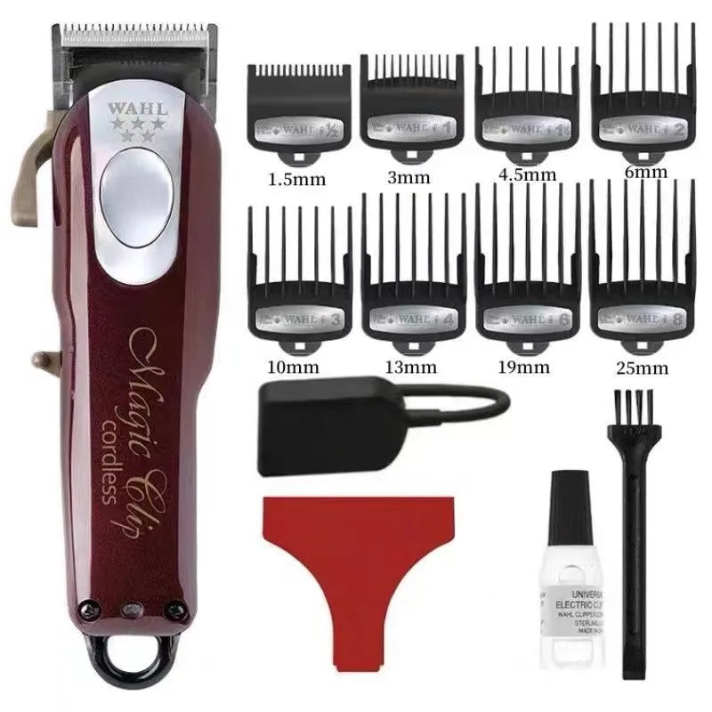 Charging hair clippers with stainless steel cutter head showing EU UK US plug options