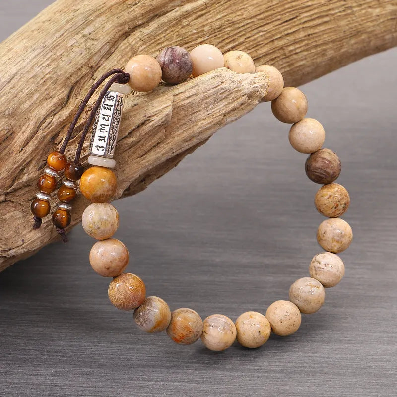Handmade natural stone bead bracelet in wood colour with retro European American style design