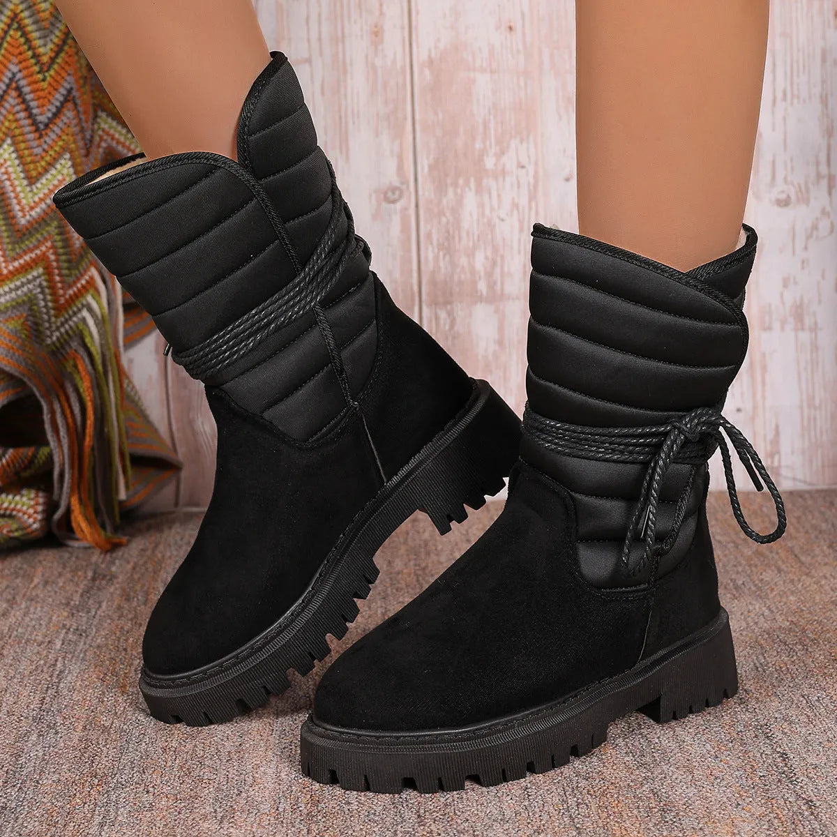 Women's chunky heel mid-tube snow boots with fleece lining and lace-up design
