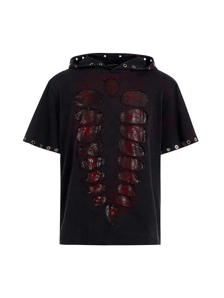 Black men's hooded short-sleeve t-shirt with sequin detail, loose fit