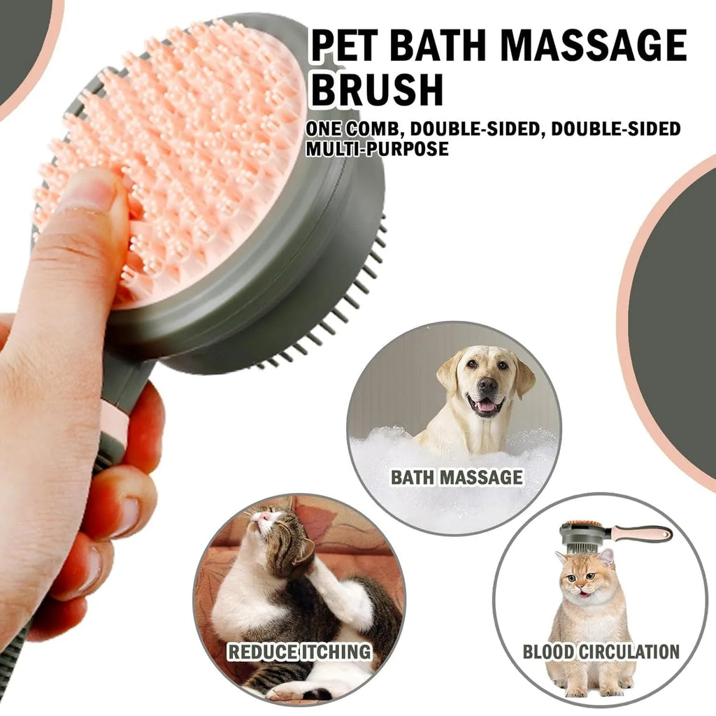 Double-sided cat grooming brush with slicker brush and flea comb in green and pink colours