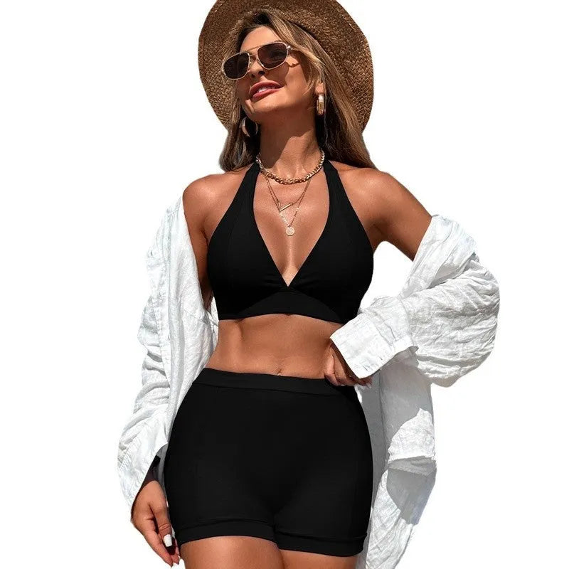 Women's split bikini swimsuit in nylon fabric, shown in black, for swimming and wading.