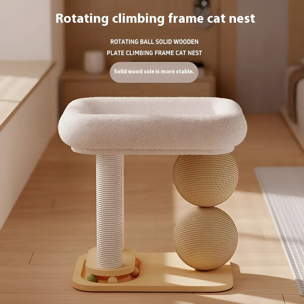 A pine wood cat nest with rounded double ball columns, showing sisal-style scratching surfaces.