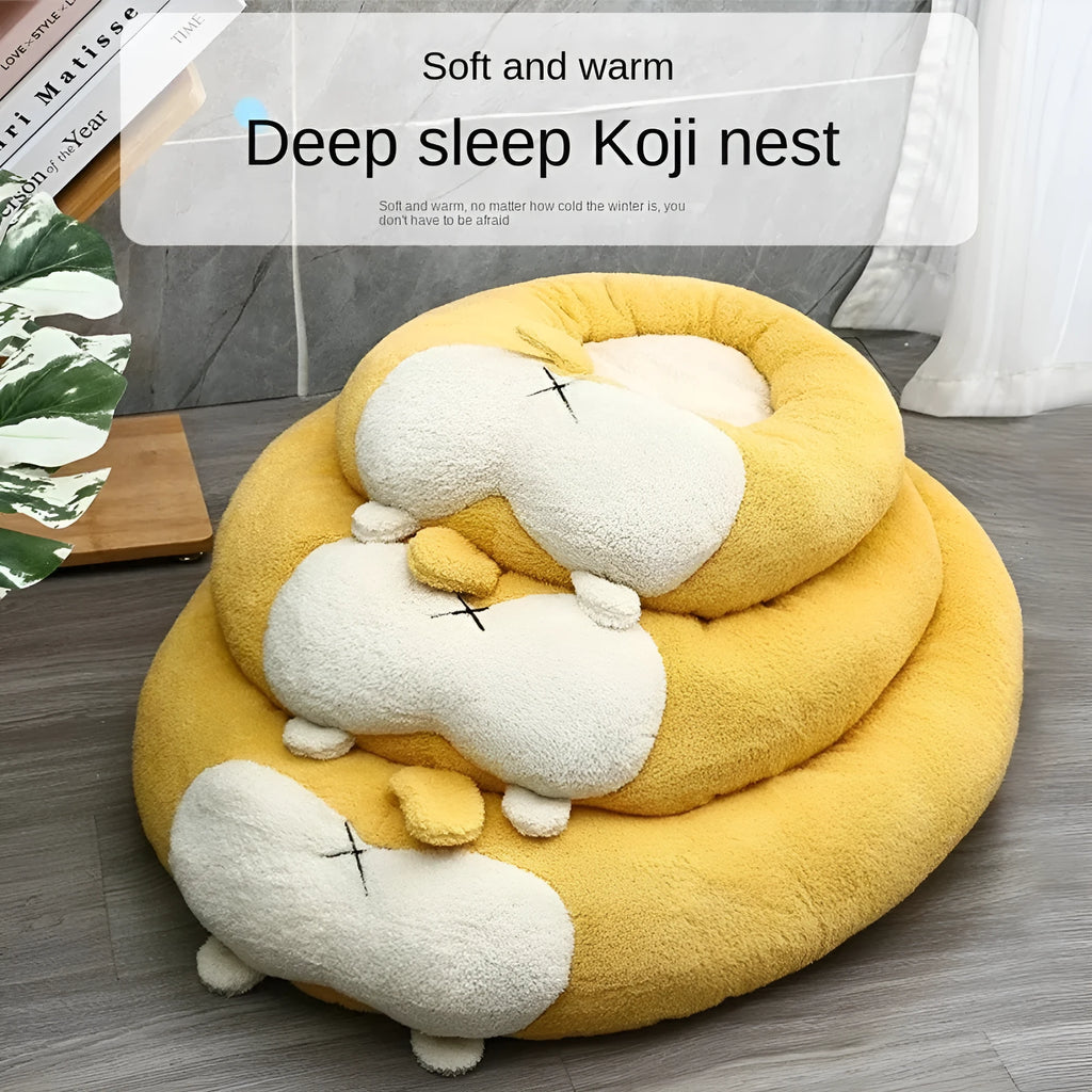 Corgi-shaped plush pet bed for dogs and cats in three sizes on a neutral background.