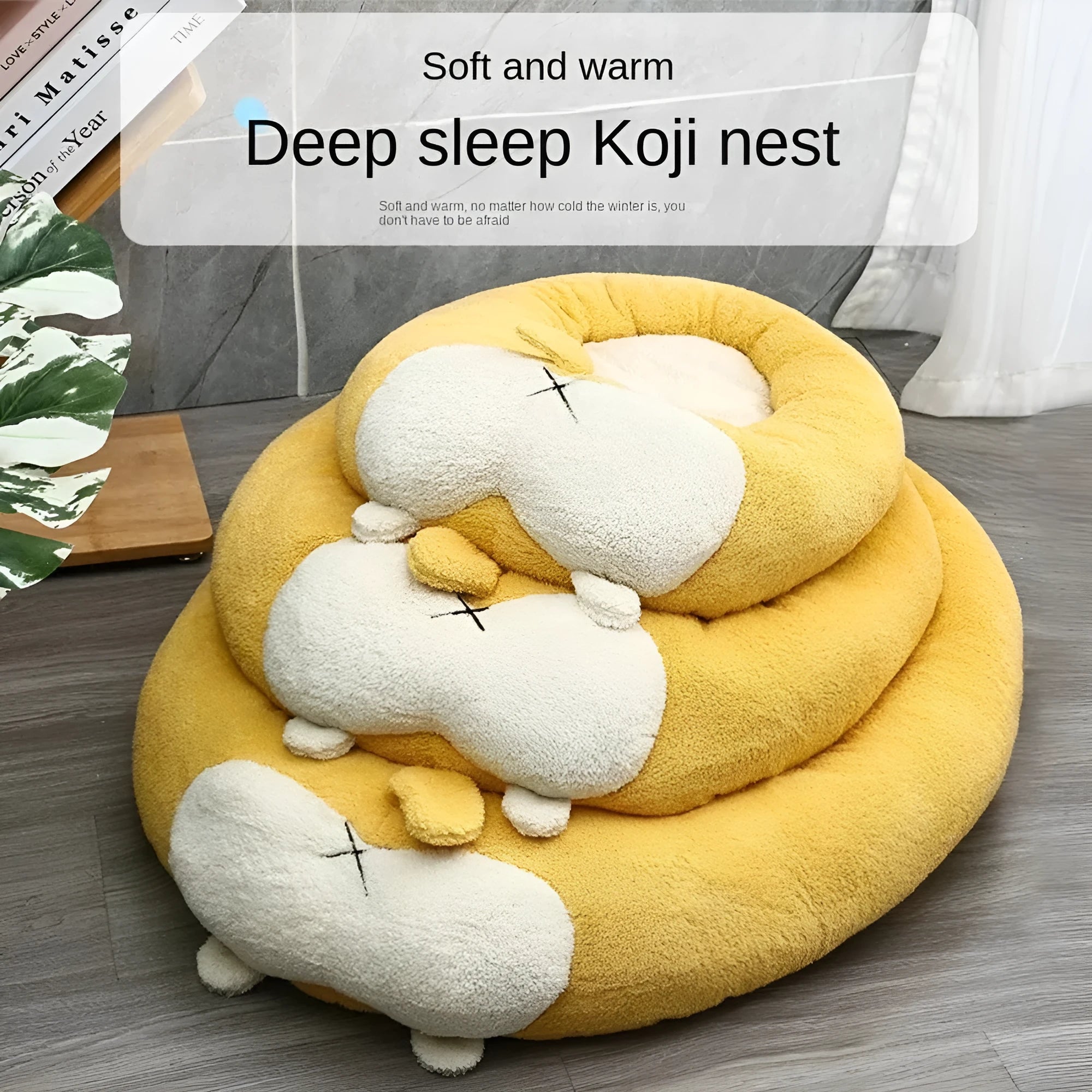 Corgi-shaped plush pet bed for dogs and cats in three sizes on a neutral background.