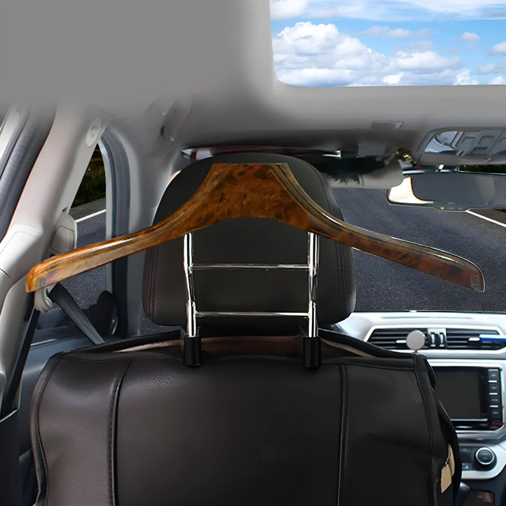 Wood yellow stainless steel car clothes hanger measuring 46.5 by 23 cm.