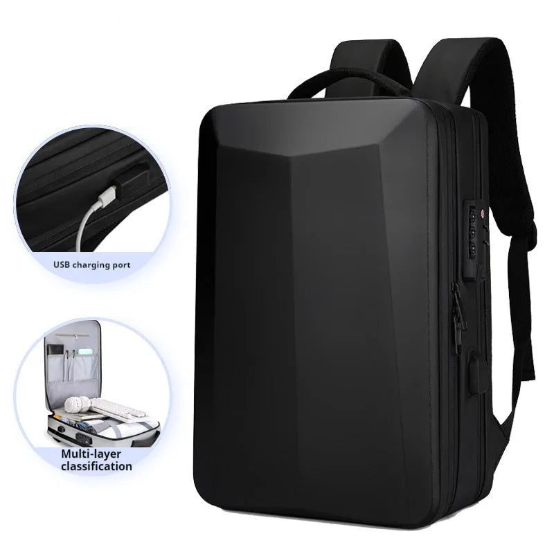 Waterproof black business backpack with curved shoulder straps and laptop compartment