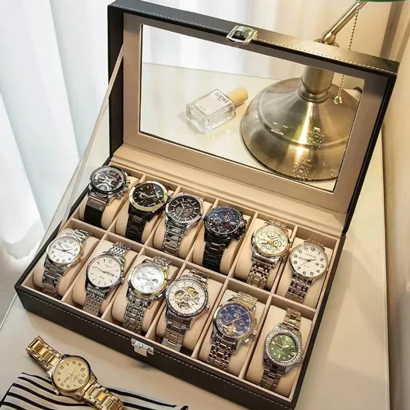 Grey high-grade leather watch storage box with transparent lid showing watch slots inside.