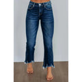 Women's dark blue casual denim jeans with hand-worn distressing on a solid cotton fabric