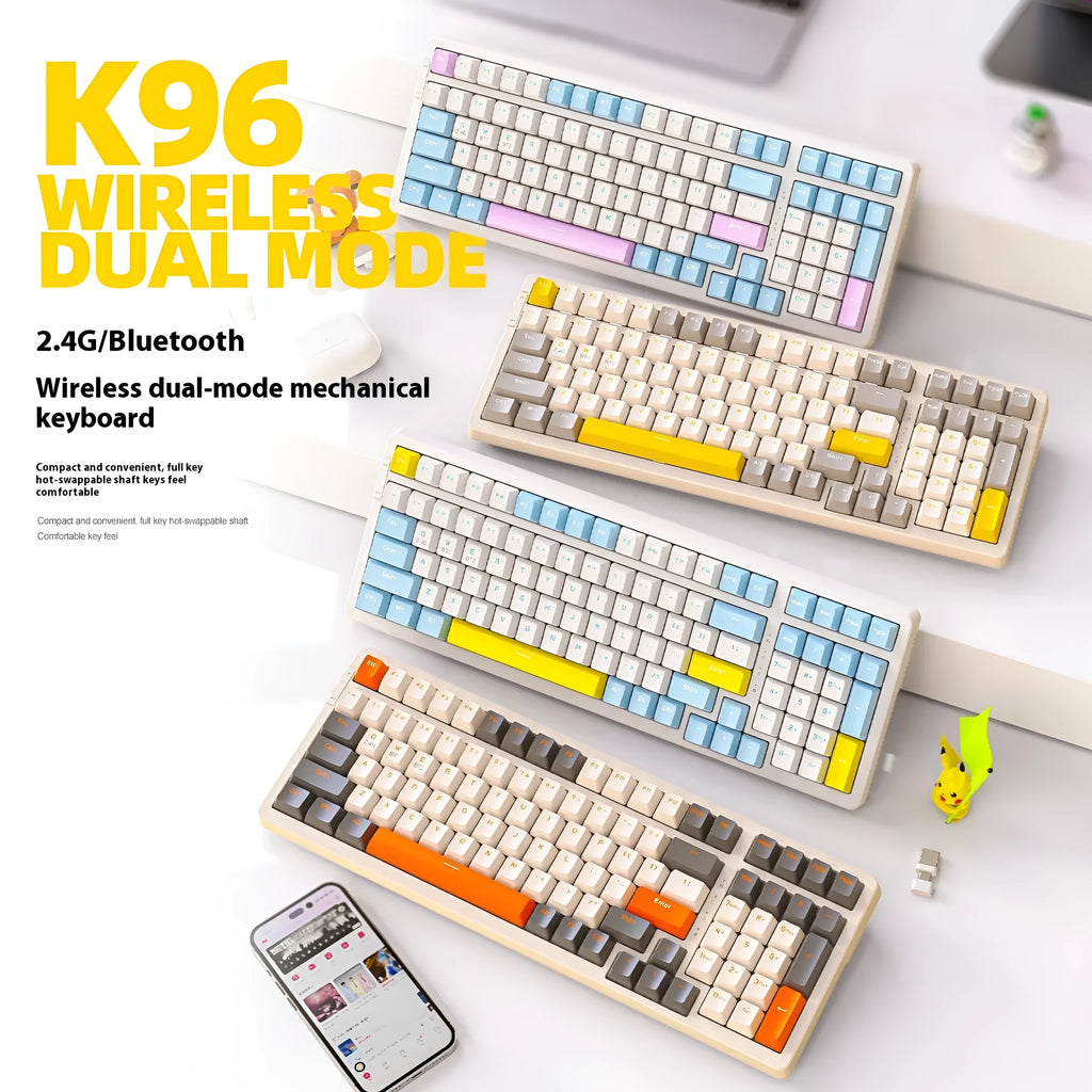 Free Wolf K96 Bluetooth mechanical keyboard with colourful keycaps in blueberry, cheese, lemon, or shimmer colour theme