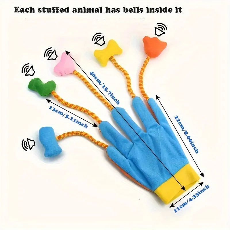 Yellow and blue plush cat toy with bell, 40cm long with trailer attachment