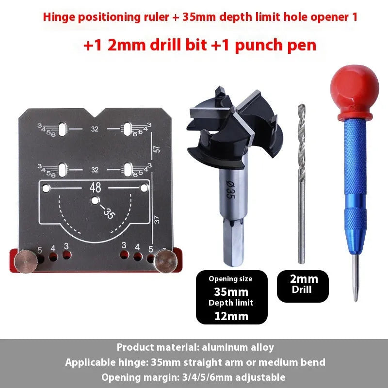 Red hinge punch locator tool for 35mm cabinet hinge installation with adjustable margin settings