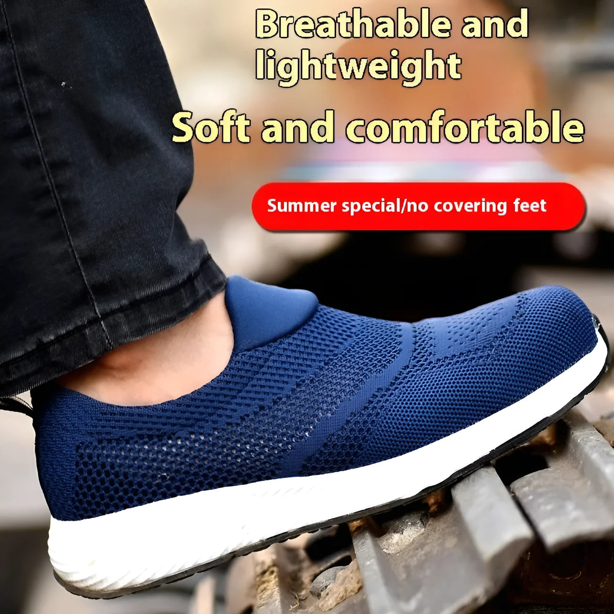 Men's lightweight mesh steel toe work shoe in black, side view on industrial floor.
