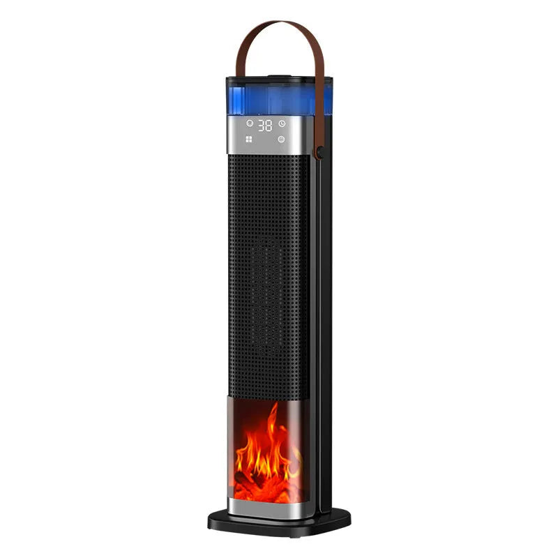 Vertical humidifying heater with remote control on a wooden floor.
