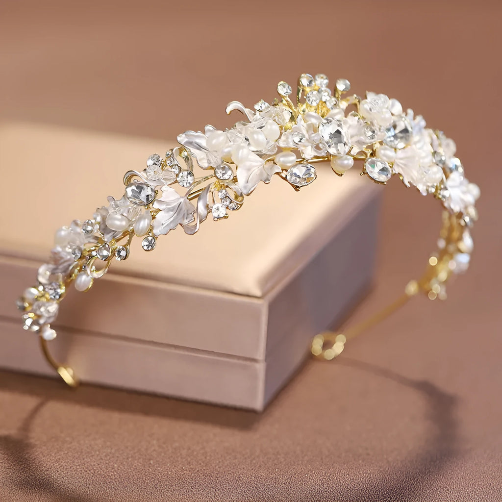 Women's pearl crown headdress hair accessory with alloy construction and electroplated gold/silver finish