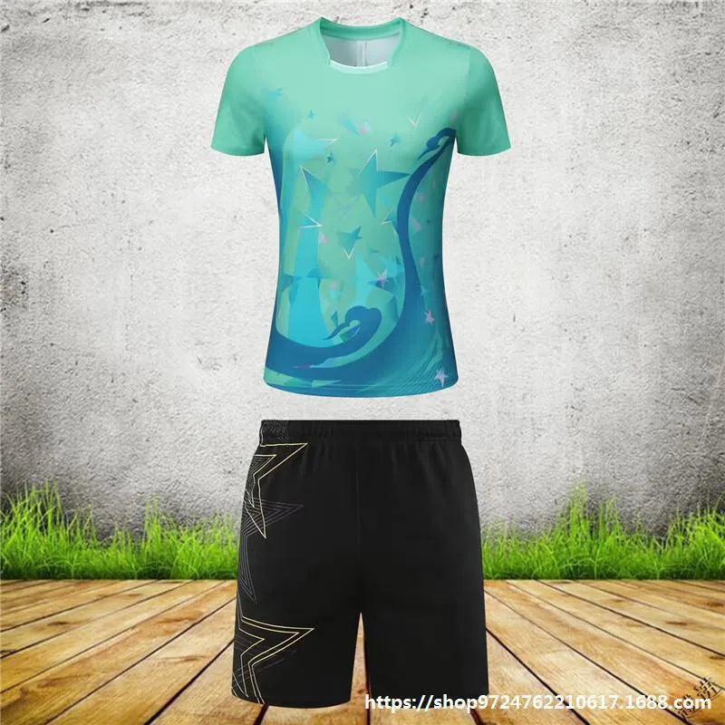Unisex badminton sportswear set featuring a short-sleeved top and trousers in sapphire blue