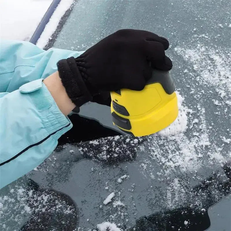 Yellow cordless electric ice scraper for car windshields with USB charging port