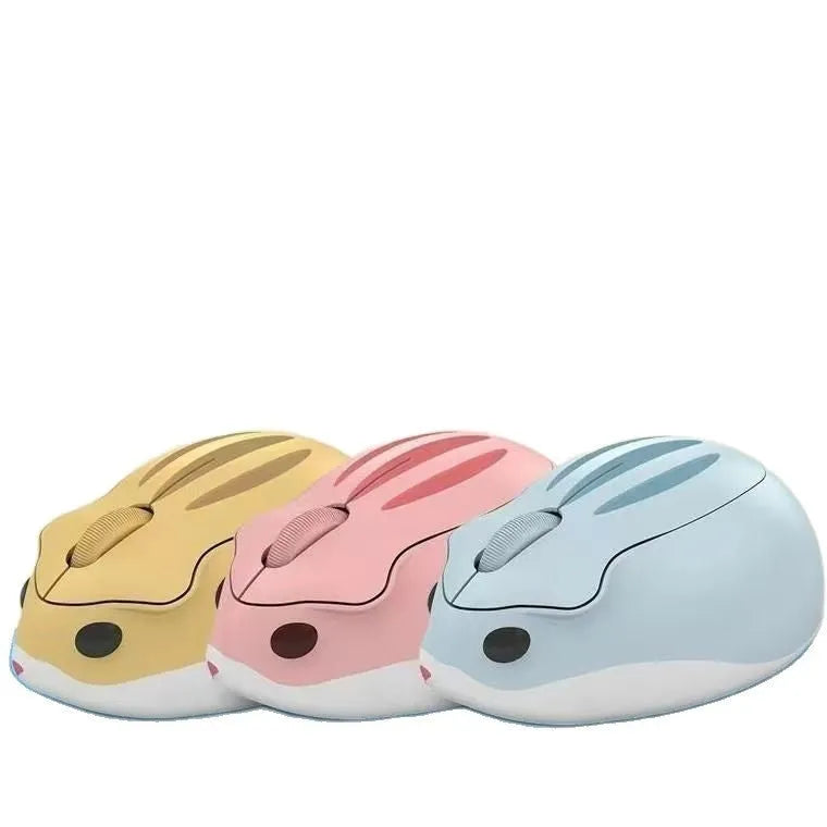 Hamster wireless mute mouse in grey, pink, and yellow colours showing compact design