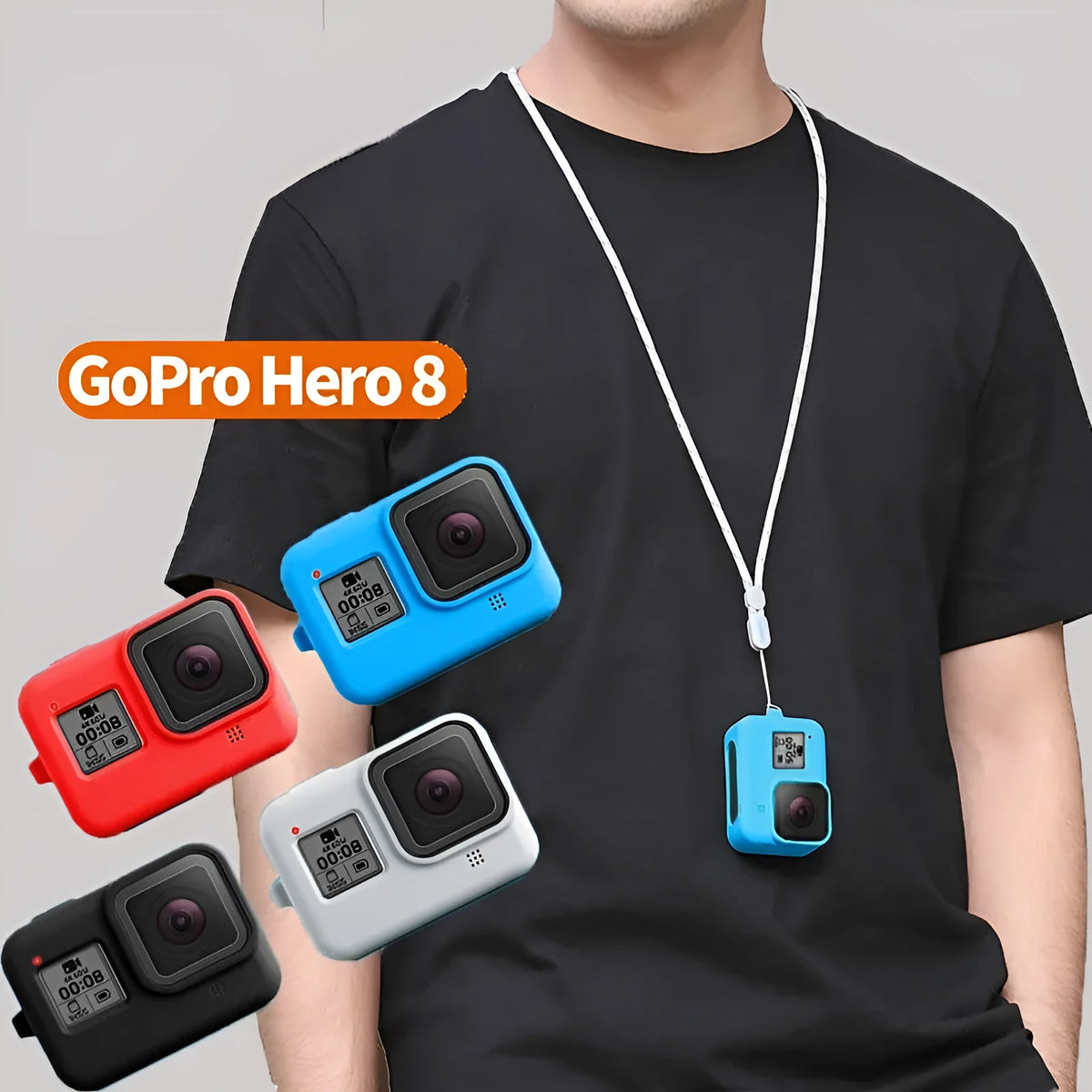 GoPro Hero8 Black protective silicone sleeve and anti-lost carrying strap set in blue colour