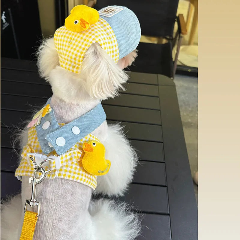 Pet harness and leash set with cute hat accessory and wire rope pulling toy for cats and dogs