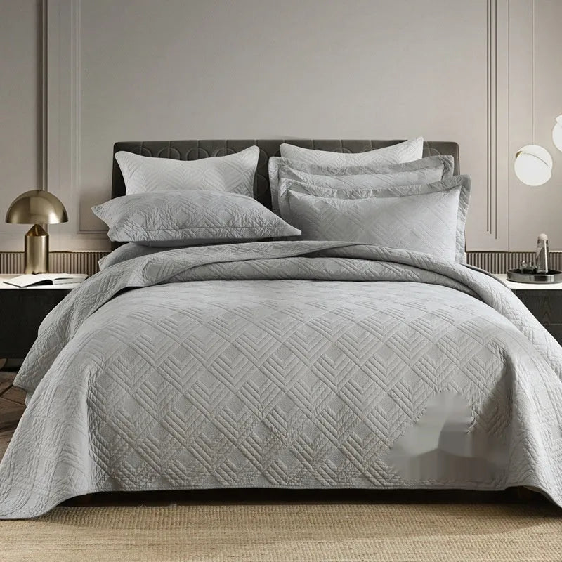 Pure cotton reversible bed cover three-piece set showing double-sided design and plain colour aesthetic