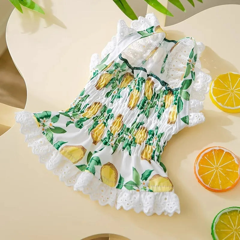 Rock yellow lemon dog skirt dress with thin breathable polyester construction and adjustable straps