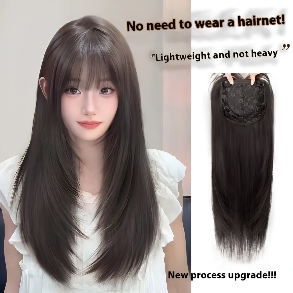 Black long straight high layered full-head wig for women made from high-temperature fibre