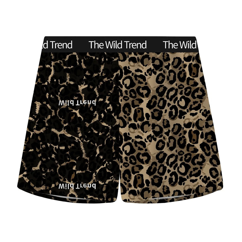 Leopard print ice silk woven men's shorts, loose four-corner cut, mid waist, sizes L to XXXL